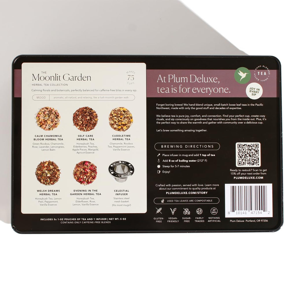 Moonlit Garden Collection Assorted Herbal Tea Gift Set - Hand-Crafted Loose Leaf Teas, Presentation Gift Box with Loose Leaf Steeper Included, Sleepytime Tea - 5 Unique and Flavorful Teas, 75+ Cups