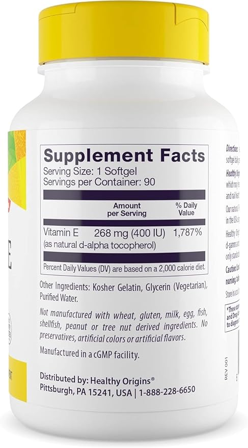 Healthy Origins Vitamin E 400 IU (Natural, Non-GMO, Gluten Free, Skin Support, Cardiovascular Support), 90 Softgels