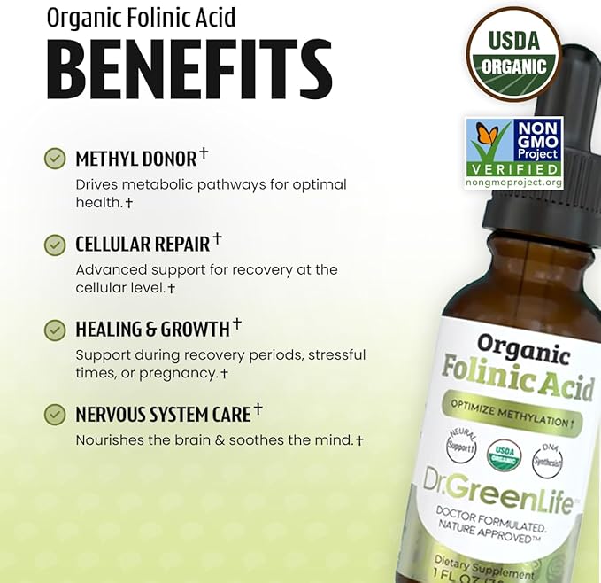 Dr. Green Life USDA Organic Folinic Acid Drops - 500 mcg per Drop | Methylation Support B9 Supplements for Kids & Adults | Supports Neurological Function, Nervous System Health & DNA Synthesis