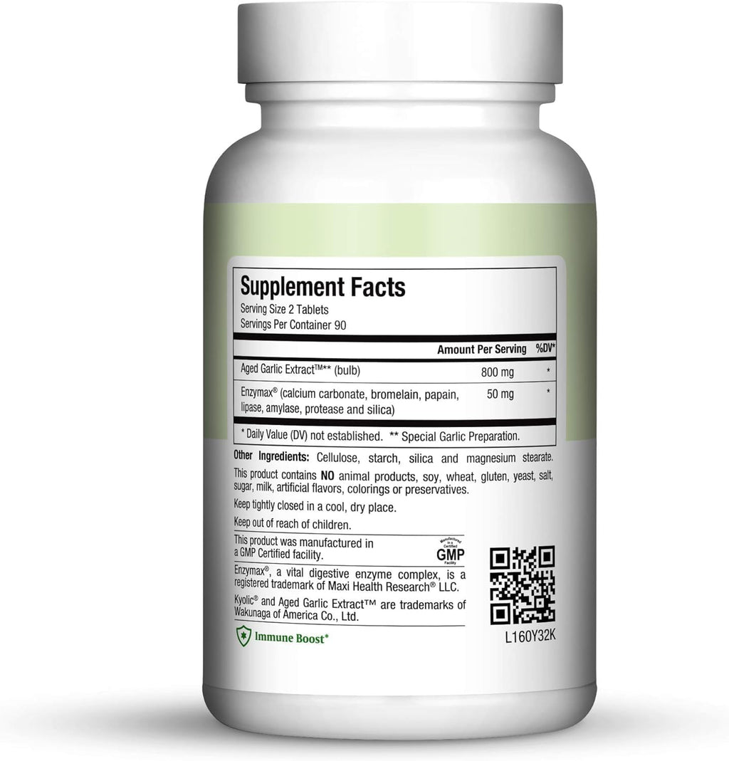 Maxi Health Kyolic Organic Garlic Supplement - Kosher Garlic Tablets with Kyolic Aged Garlic Extract for Immune Support - Vegetarian Garlic Pills (180 Count)