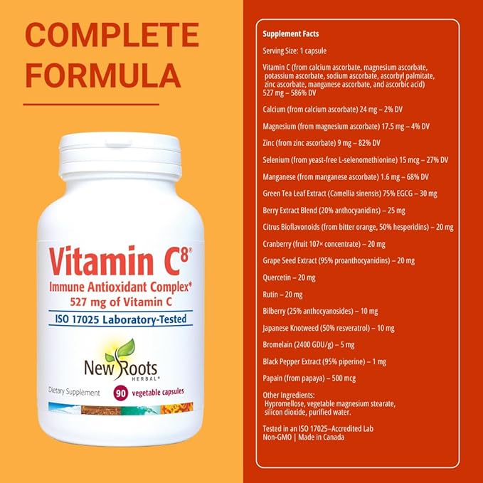 Vitamin C8 + Zinc Supplement for Higest Absorption (90 Capsules) | 527mg per Portion | 8 Buffered Sources of Vitamin C with Bioflavonoids, Green Tea & Quercetin for Stronger Defense | 3 months Supply