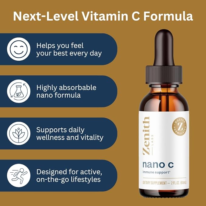 Zenith Labs Liquid Vitamin C Drops for Adults - Nano C Natural Immune Support Supplement, Vitamin C Liquid Supplement for Stronger Immunity - Nanotechnology Micro C Particles for Fast Absorption