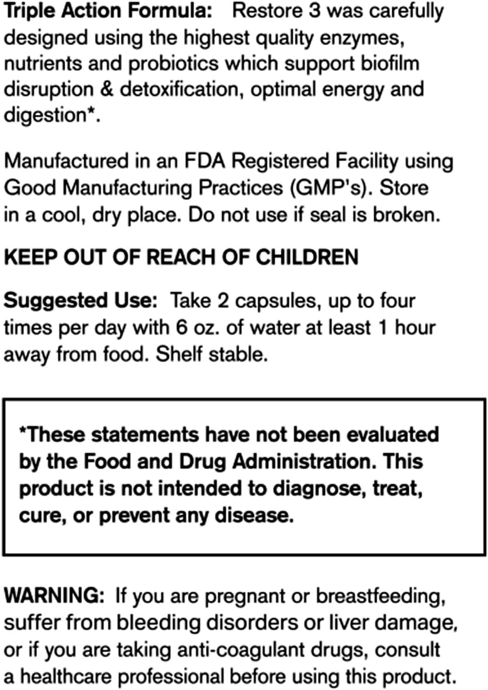 Restore 3 Proteolytic Enzyme & Spore Probiotic Blend Supplement - 60 Capsules - Advanced Biofilm Disruption Aid - Support GI Health, Fibromyalgia, Gut Flora, Muscle