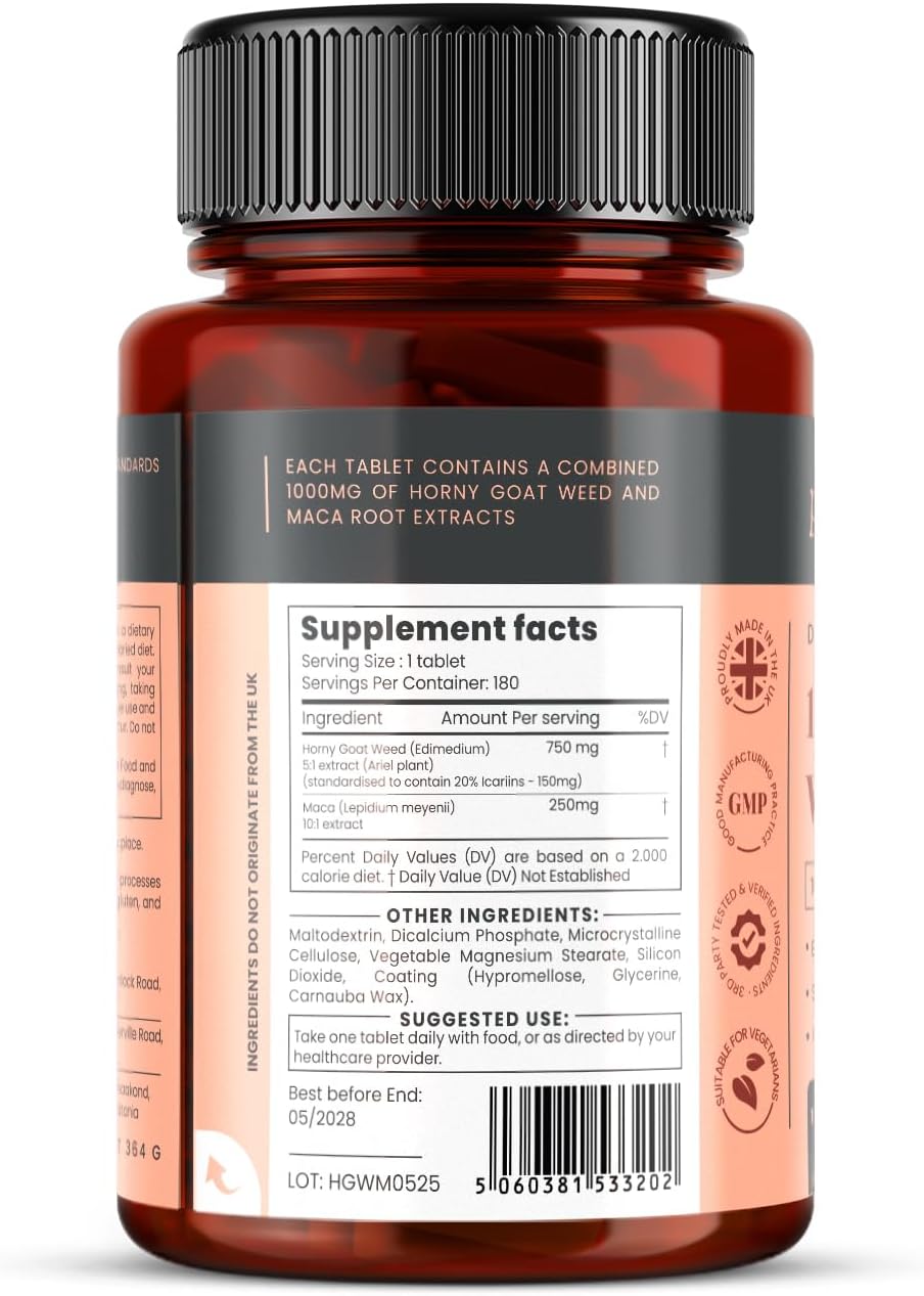 pureclinica 10X Horny Goat Weed & Maca Extract 6250mg x 180 Tablets (6 Months Supply) -10 X More Icariins - w/5mg Black Pepper Extract for 300% Increased Absorption