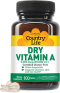 Country Life Vitamin A 10,000 IU - Immune Support, Skin & Eye Health Supplement, Certified Gluten-Free, Vegan, Halal, Kosher, 50% Beta-Carotene & 50% Retinyl Palmitate, Easy Absorption - 100 Tablets