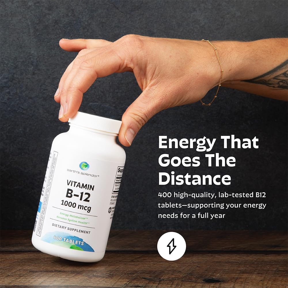 Earth's Splendor Energy Supplements, with Vitamin B12, No Artificial Color or Flavor, Gluten Free, Energy Metabolism Support (1000mcg, 400 Tablets)