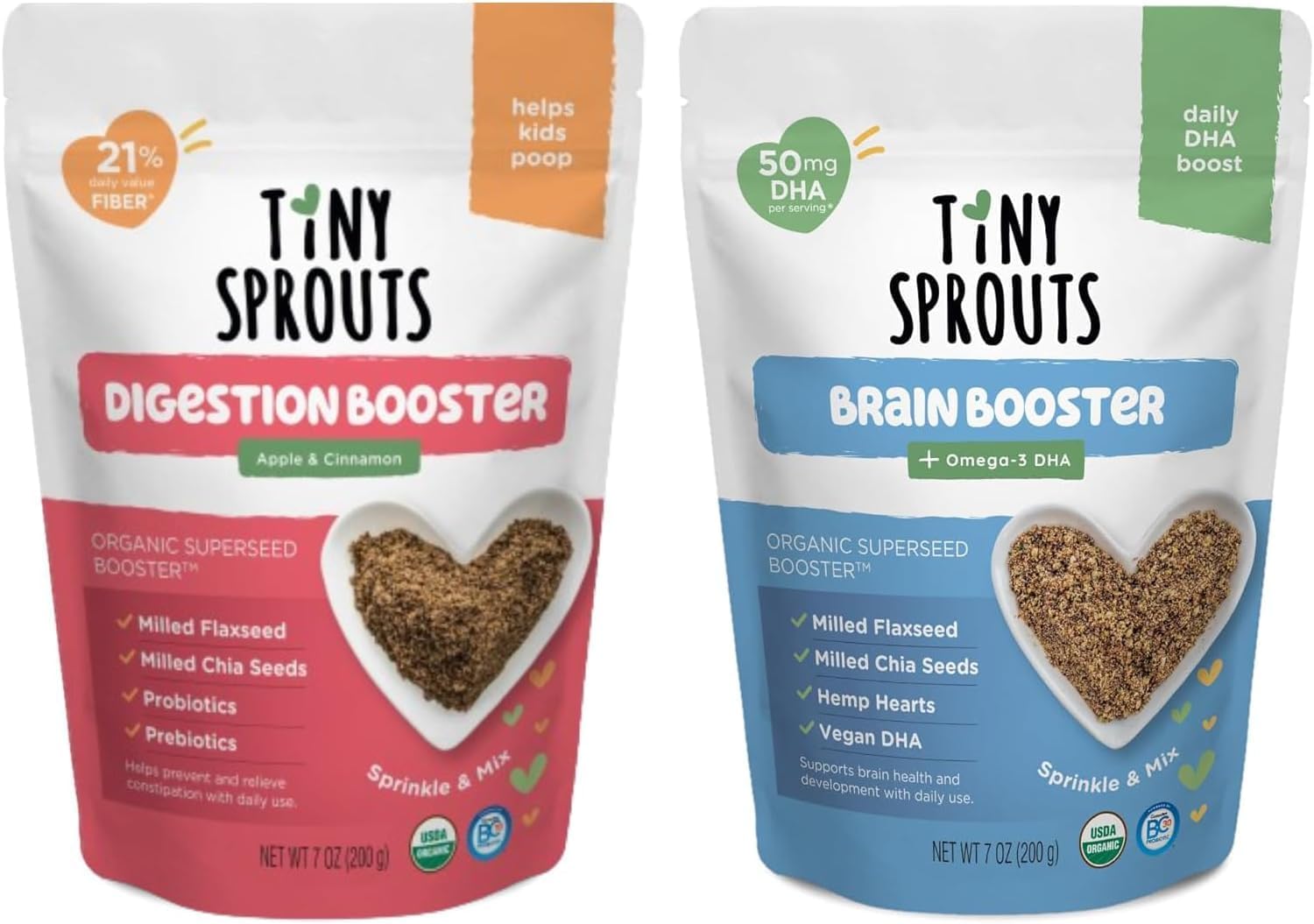 Organic Digestion Booster (Apple & Cinnamon) & Brain Booster - Milled Chia Seed, Milled Flaxseed and Hemp Hearts with Vitamin D, DHA, Probiotics for 6M+ Babies Toddlers & Kids (7oz x 2 Pack)