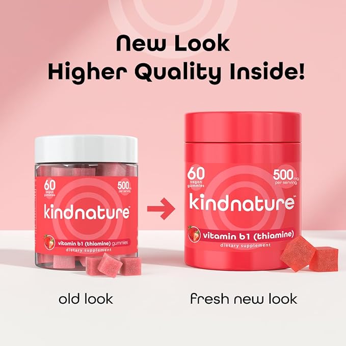 kindnature Vitamin B1 Gummies 500mg – High Potency Thiamine Supplement for Energy, Focus & Nervous System – Vegan, Non-GMO Chewable B1 Vitamins for Adults & Kids – Natural Strawberry Flavor – 60 Ct