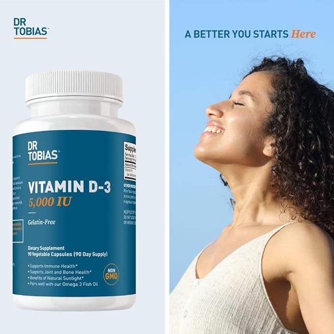 Dr. Tobias Vitamin D3 5000 IU, Essential for Healthy Bones, Teeth, and Immune System, Extra Strength Vitamin D Supplement, Non-GMO, 90 Capsules, 90 Servings