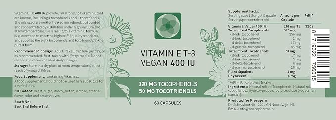 Vitamin E - All 8 Tocopherols + Tocotrienols 400 IU Vegan - Alpha Tocopherol/Tocotrienol + Beta Tocopherol/Tocotrienol + Gamma Tocopherol/Tocotrienol + Delta Tocopherol/Tocotrienol (60)