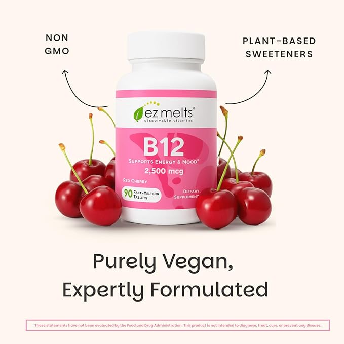 EZ Melts Dissolvable B12 2,500 mcg - Vitamin B12 for Energy & Immune Support - Non-GMO, Vegan & Gluten-Free - Red Cherry - 90 Sublingual Tablets (90 Servings)