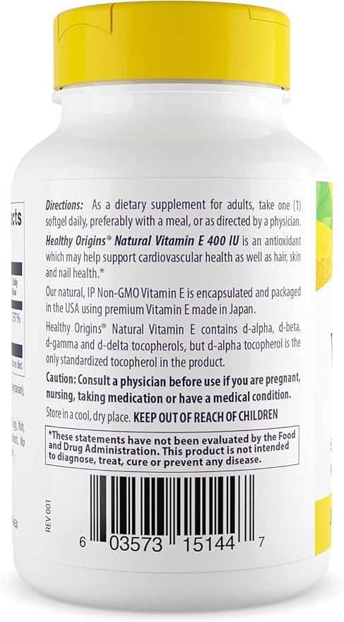 Healthy Origins Vitamin E 400 IU (Natural, Non-GMO, Gluten Free, Skin Support, Cardiovascular Support), 90 Softgels