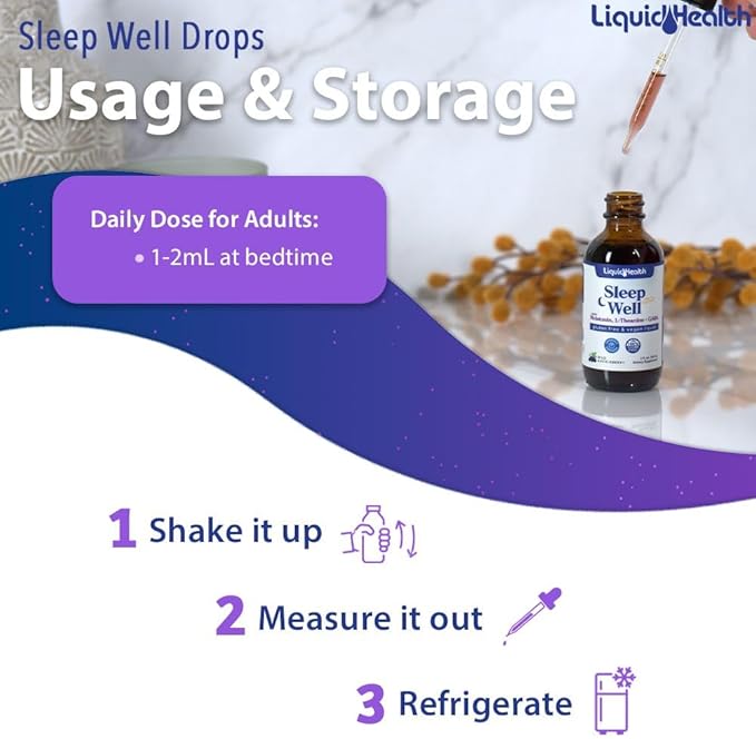 LIQUIDHEALTH Sleep Well Natural Sleep Aid Melatonin Drops - Better Sleep & Mood, Relax & Calm Mind, Fall Asleep Faster Stay Asleep Longer - Made in USA, Vegan, Sugar-Free, Drug Free, Non-GMO (2 oz)