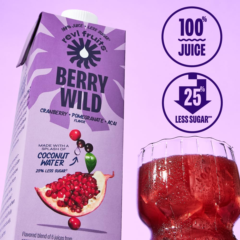 Revl Fruits™ 100% Juice, No Added Sugar, Cranberry Pomegranate Acai, Berry Wild, 32 fl oz. Carton (Pack of 2)
