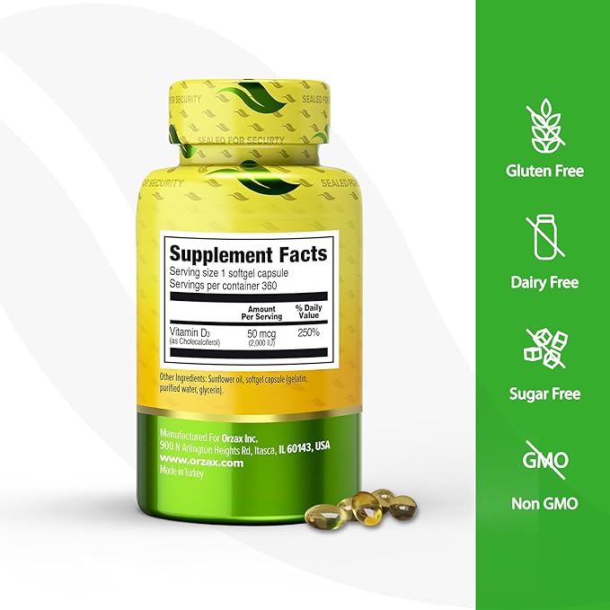 ORZAX Vitamin D3 2000 iu (50 mcg) – Non-GMO, Gluten Free, Sugar Free, Dairy Free – 1 Year Supply for Strong Muscle Function and Immune Support – Mood Supplement for Wellness (360 Softgel)