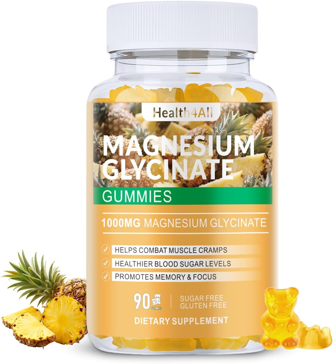 Magnesium Glycinate Gummies 1000mg, High Absorption Sugar Free Magnesium Potassium Supplement for Relaxation, Stress Relief, and Sleep Support for Adults & Kids - 90 Pineapple Gummies