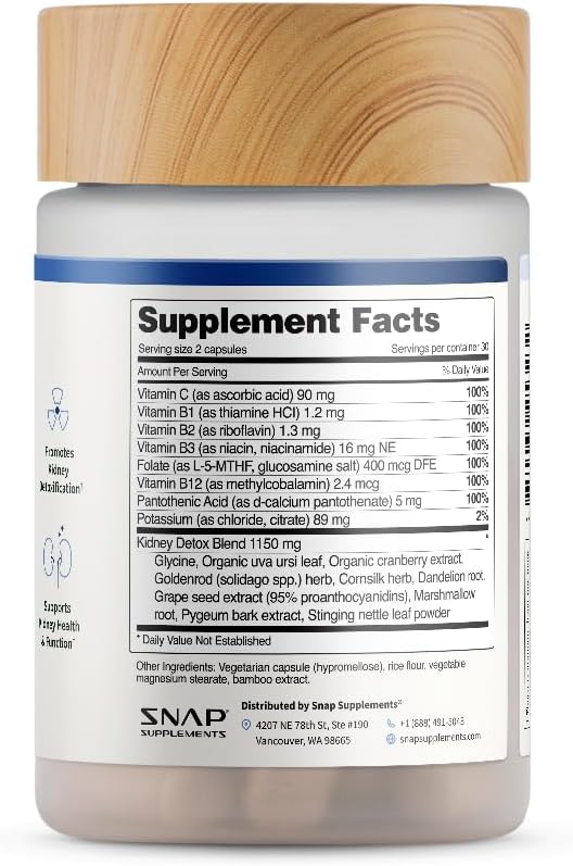 Snap Supplements Kidney Health Support Supplement - Kidney and Urinary Tract Health Support for Women and Men, 60 Vegetarian Capsules (30 Servings, 1 Month Supply)