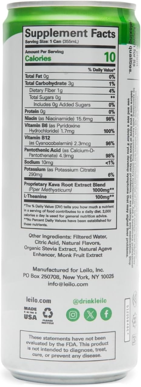 LEILO | Kava Powered Lime Margarita Mocktail Drink | Sugar-Free & Non-ALC Functional Relaxation Support | 12 fl oz Cans (Pack of 12)