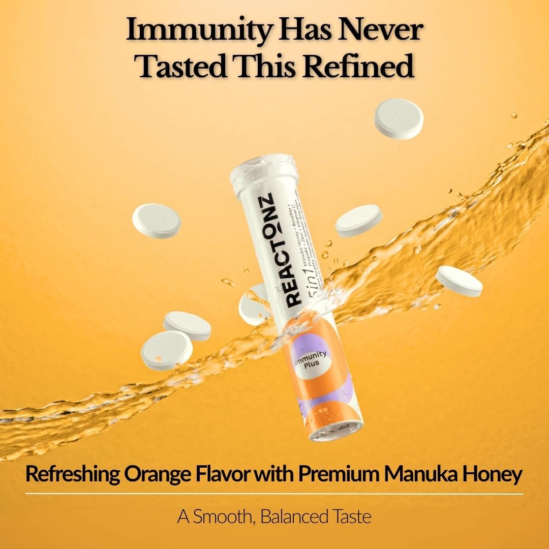 5 in 1 Immunity Plus – Immune Support & Antioxidant Supplement – Vitamin C, Zinc, Manuka Honey, Rosehip & Propolis – Natural Zesty Orange Flavor – 20 Day Supply Effervescent Tablets