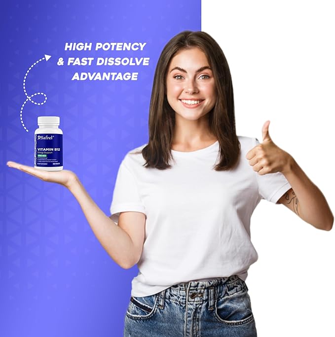Safrel Vitamin B12 5000 mcg per Tablet, 200 Days Supply, Supplement for Energy, Metabolism and Nervous System Health Support, Vegan, Gluten Free and Dye Free | Made in USA