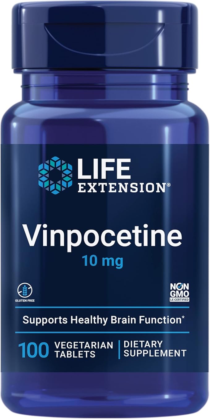 Life Extension Vinpocetine, derived from Periwinkle Plant, Concentration and Memory, Gluten-Free, Non-GMO, Vegetarian, 100 Tablets
