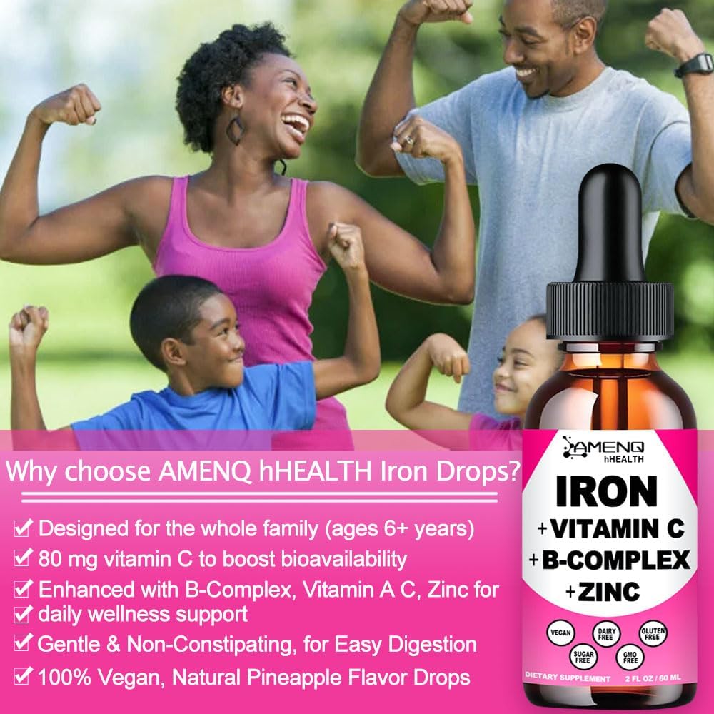 Iron Supplement for Women Men & Kids, Iron Vitamin C, A, B-Complex, Vegan Iron Drops High Potency Liquid Vitamin & Iron Supplements for Anemia, Red Blood Cell, Energy, Blood Builder, Gentle Iron