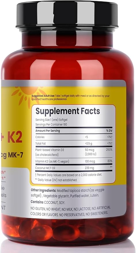 FAMILI+ 180 Days Vegan Vitamin D3+K2 Softgel with Coconut MCT Oil | 2000IU Plant Source Vitamin D3 + 100 mcg Vitamin K2 MK-7 | for Bone, Muscel, Immune, Teeth & Heart Health | 100% Vegan no-Gelatin