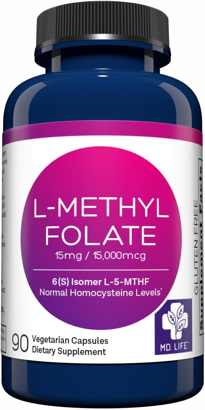 MD Life L Methylfolate 15mg - Professional-Grade Active Methylfolate Supplement - Maximum Potency MTHFR Supplements - L-methylfolate 15 mg 90 Capsules - Essential Amino Acids
