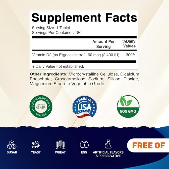 Vitamatic Vitamin D2 60 mcg (2400 IU) - Ergocalciferol - 180 Vegetarian Tablets (180 Tablets (Pack of 1)) (1 Bottle)