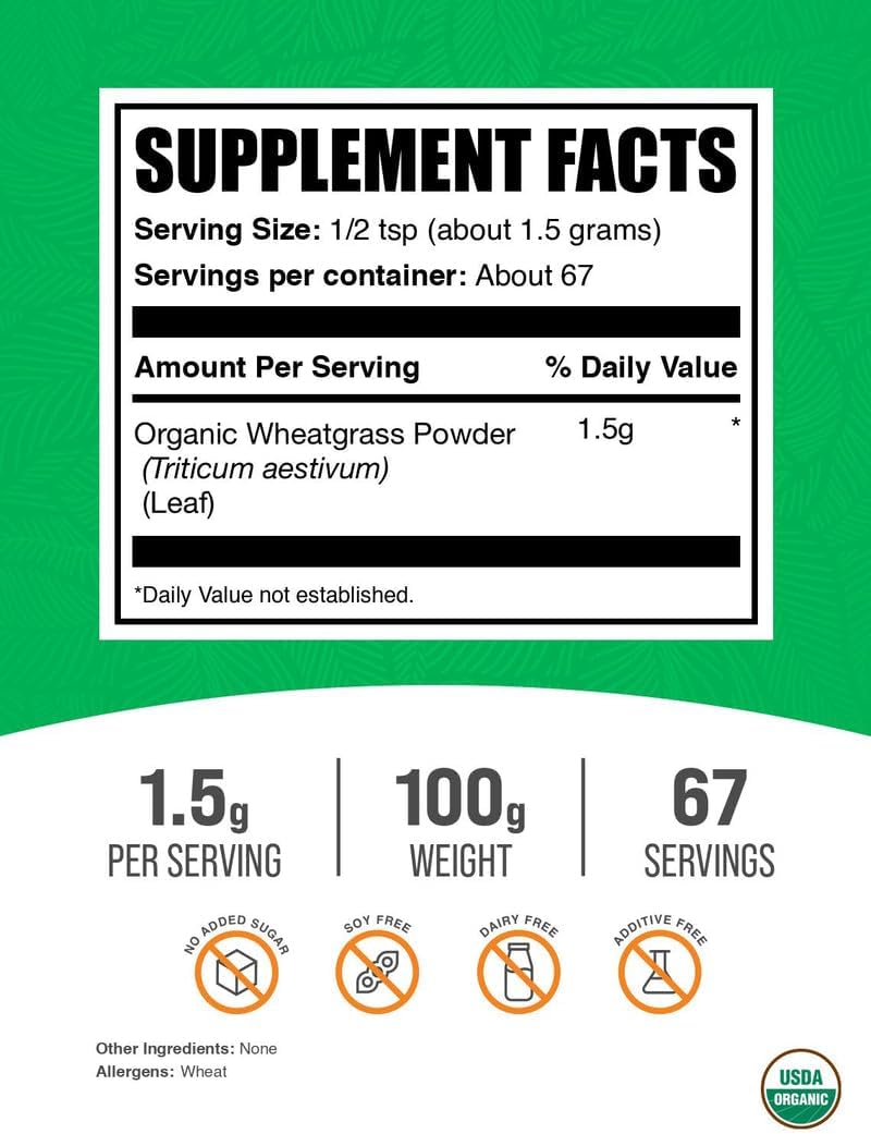 BulkSupplements.com Organic Wheatgrass Powder - Organic Super Greens Powder, Superfoods Supplement - Vegan & Gluten Free, 1.5g per Serving, 100g (3.5 oz) (Pack of 1)