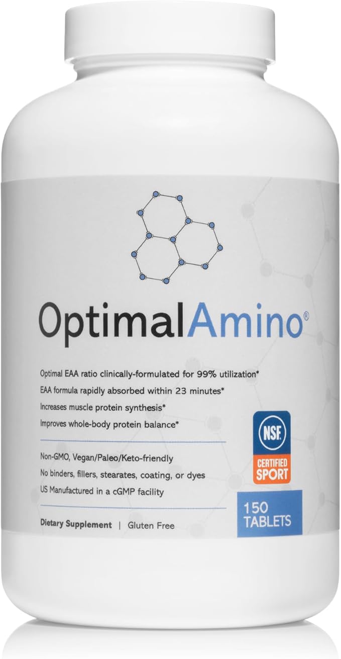 OptimalAmino Tablets (150 Count) | 99% Utilized Essential Amino Acid (EAA) Supplement, Increase Muscle Recovery, BCAA Protein Pre/Post Workout | NSF Certified for Sport® Certified
