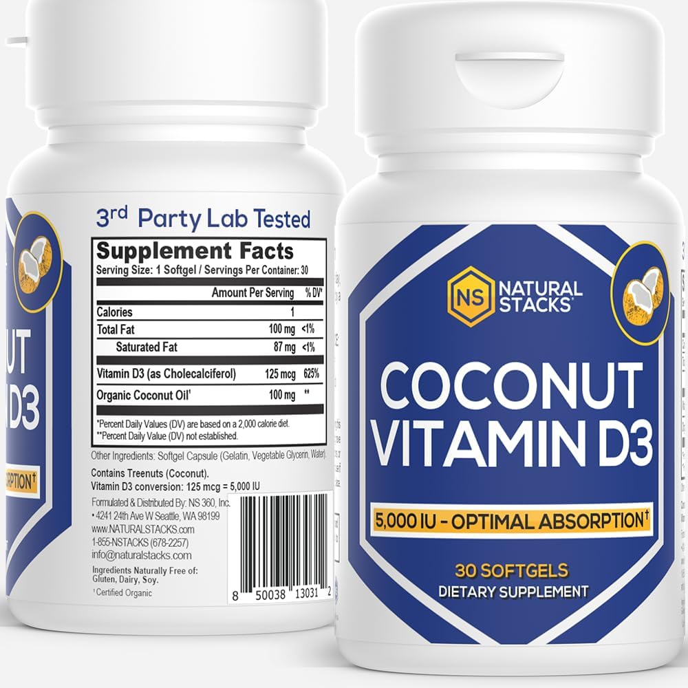 NATURAL STACKS Vitamin D 5000 IU Supplement - with Coconut Oil for Optimal Absorption - Vitamin D Pills for Immunity & Cell Growth - D3 125mcg Cholecalciferol Supplement - 30 D3 Servings