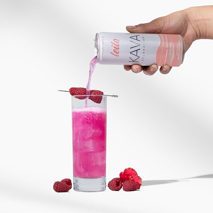 LEILO | Kava Powered Sparkling Relaxation Drink | Raspberry Hibiscus - Non-ALC Calming Beverage | 12 fl oz Cans (Pack of 12)