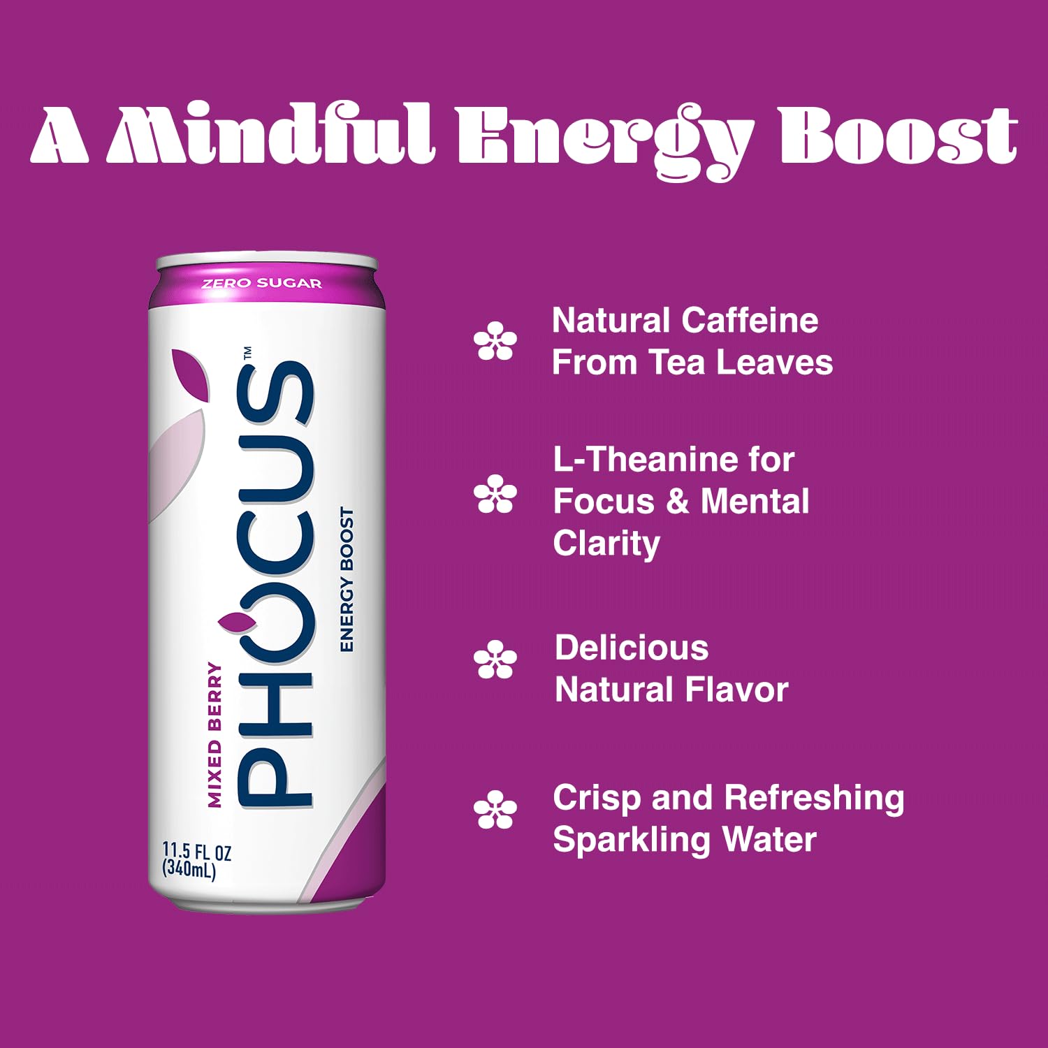 Phocus Caffeinated Sparkling Water - Mixed Berry - Clean Energy with Caffeine + L-Theanine - 0 Sugars, Calories or Carbs - Non GMO, Whole 30, Keto, Vegan, Kosher - 11.5 Fl Oz. (12 Pack)