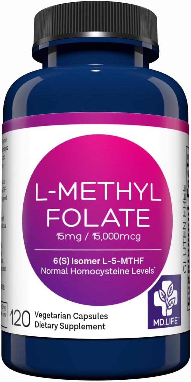 MD Life L-Methylfolate 15 mg Supplement - Professional-Grade Active L Methylfolate Supplement - 120 Capsules - L-Methylfolate 15mg - Maximum Potency MTHFR W/Essential Amino Acids