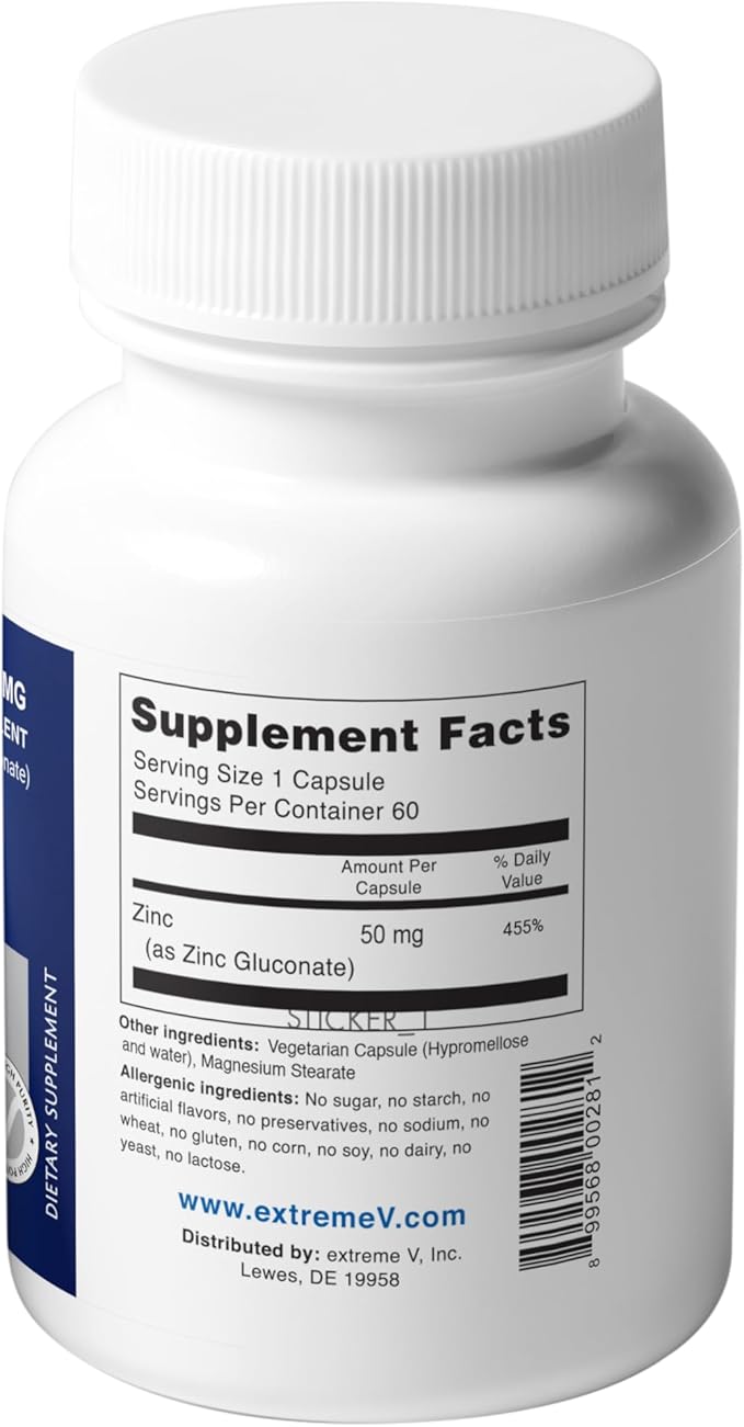 ZINC MG50 - Zinc Gluconate 50mg, (2 Bottles - 120 Capsules)