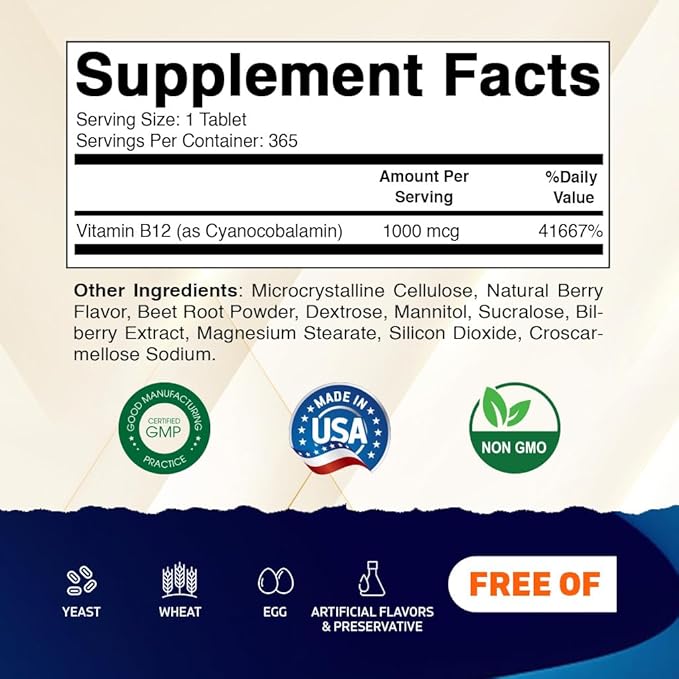 Vitamatic Vitamin B12 1000 mcg Fast Dissolve – 365 Tablets per Bottle - 3 Bottles – Natural Berry Flavor – Supports Energy Metabolism & Nervous System Health