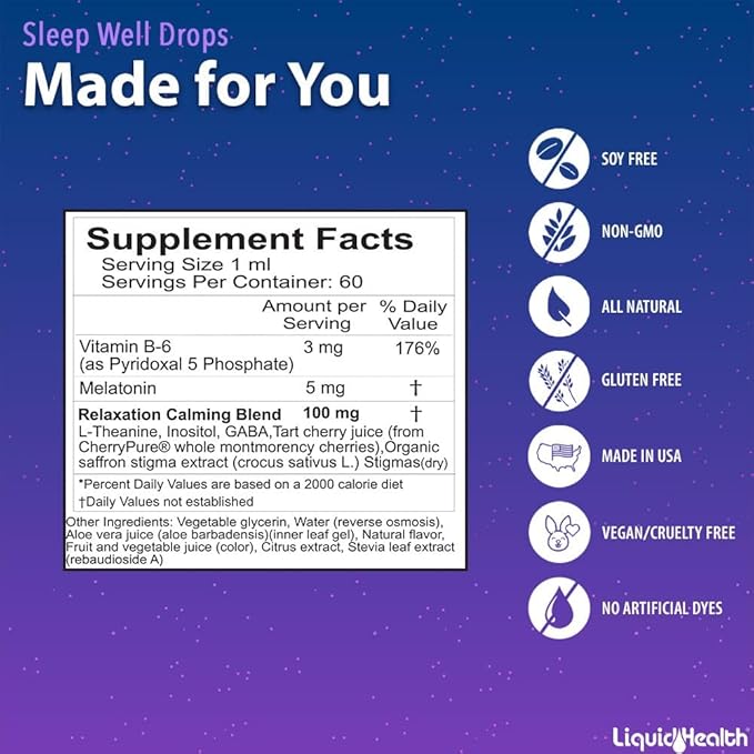 LIQUIDHEALTH Sleep Well Natural Sleep Aid Melatonin Drops - Better Sleep & Mood, Relax & Calm Mind, Fall Asleep Faster Stay Asleep Longer - Made in USA, Vegan, Sugar-Free, Drug Free, Non-GMO (2 oz)