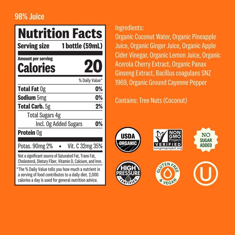 Suja Organic Digestion Shot (60 Pack) with Ginger and Apple Cider Vinegar | Immunity Boost & Digestive Support | Functional Shots | Cold-Pressed Juice with Live Probiotics | Plant-Based & Gluten-Free