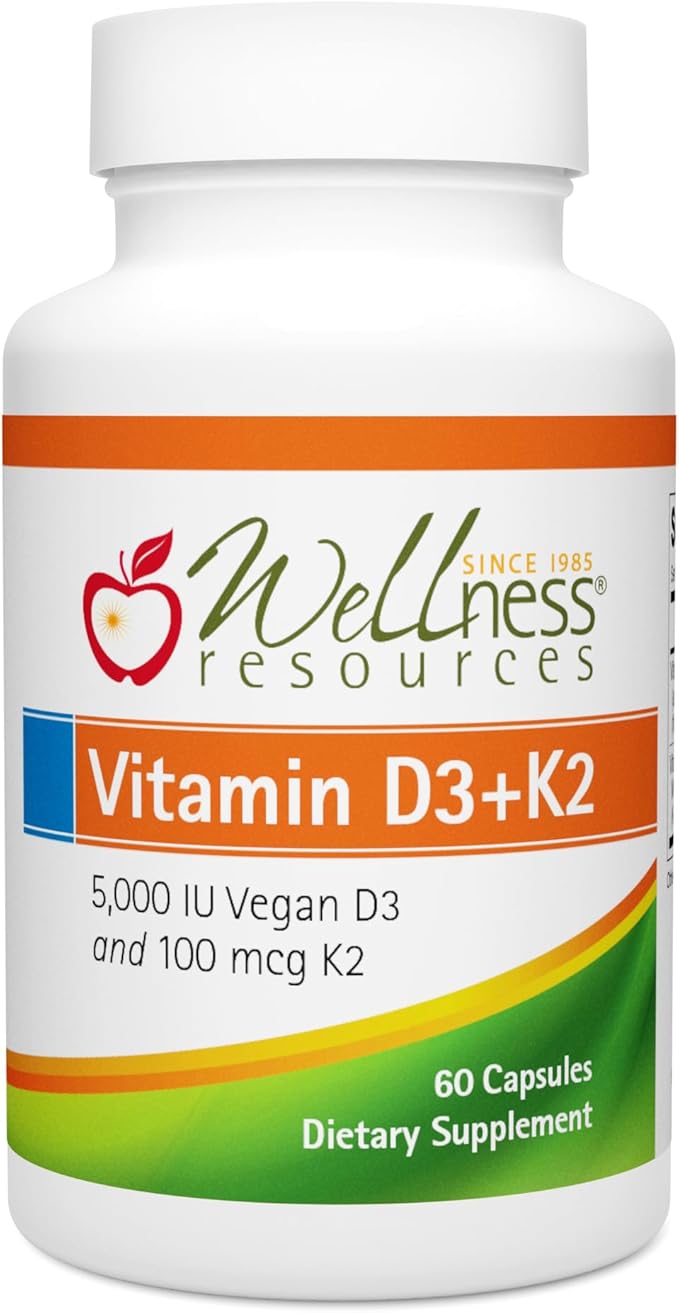 Wellness Resources Vegan Vitamin D3 5000 IU and Vitamin K2 100 mcg, 2 in 1 Vitamin D3 K2 MK-7 for Bone Health, Immunity & Arterial Health, Plant Based D3 MK7, Vitamin D Third Party Tested 60 Capsules