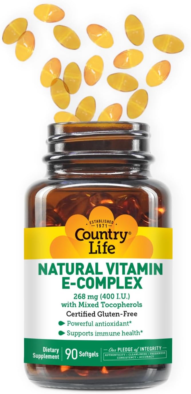 Country Life Vitamin E-Complex 400 IU – Natural Mixed Tocopherols – Antioxidant & Immune Support – Promotes Skin Health & Fights Oxidative Stress – Certified Gluten-Free – 90 Softgels