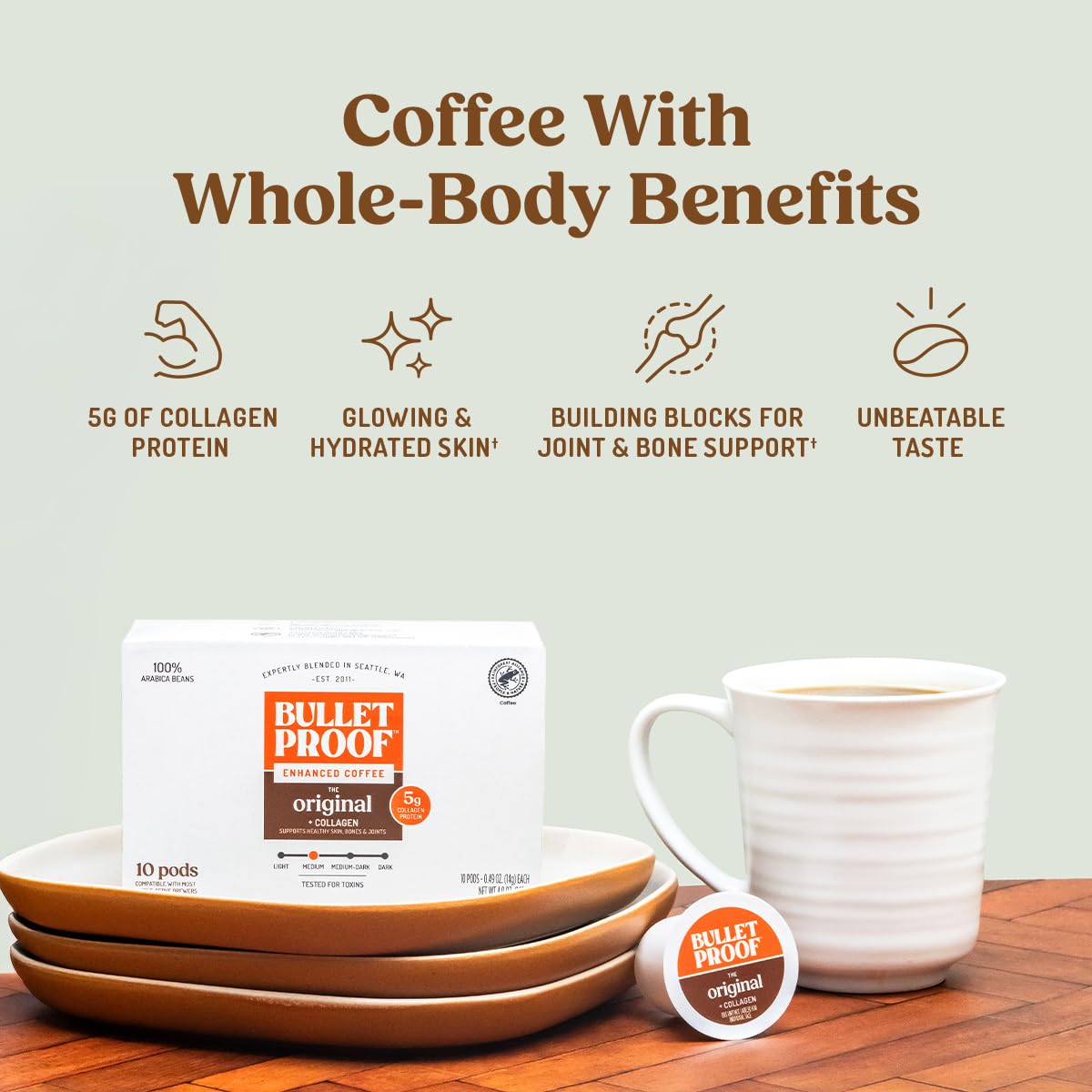 Bulletproof Coffee + Collagen Single-Serve Coffee Pods, 10 Count, 100% Arabica Beans, Clean Coffee Tested for Toxins, Packaging May Vary (Pack of 2)