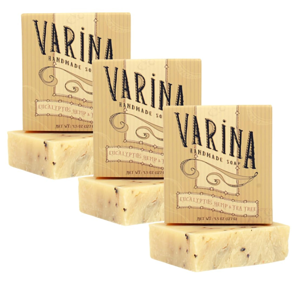 Varina Organic Eucalyptus Hemp & Tea Tree Bar Soap - Gentle Cleansing for Sensitive Skin, Herbal and Mint - 3 Pack