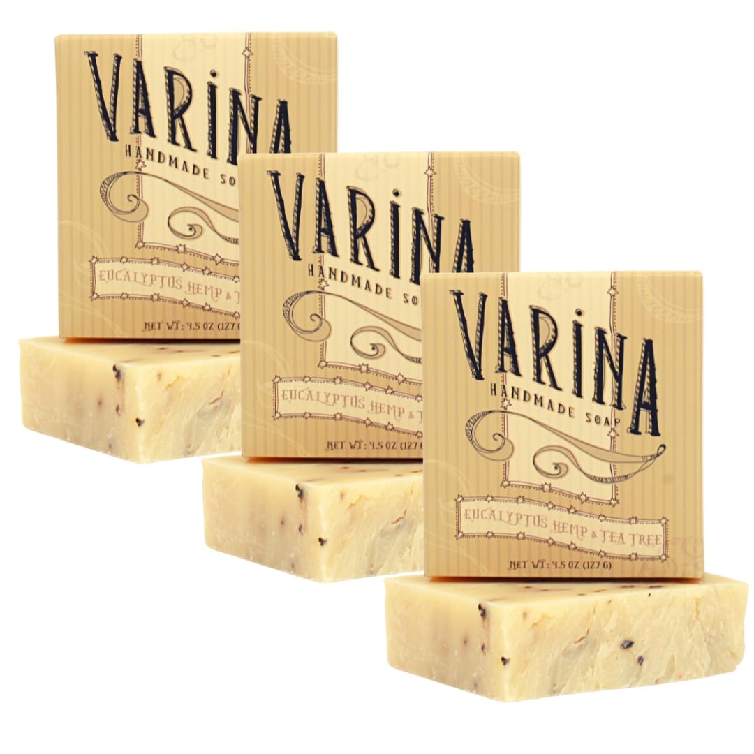 Varina Organic Eucalyptus Hemp & Tea Tree Bar Soap - Gentle Cleansing for Sensitive Skin, Herbal and Mint - 3 Pack