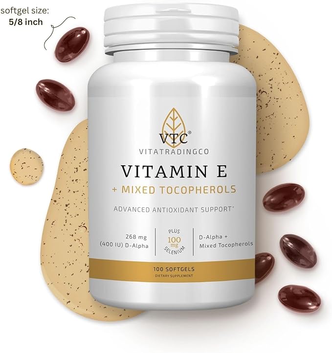 VTC VitaTradingCo. Vitamin E + Mixed Tocopherols | 400 IU Vitamin E | with Selenium & D-Alpha | Powerful Antioxidant | Skin, Heart, & Immune Support | 100 Softgels