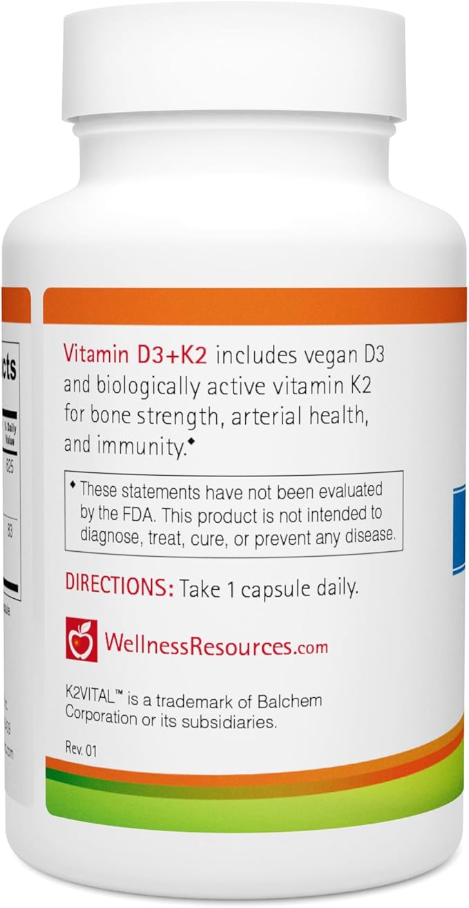 Wellness Resources Vegan Vitamin D3 5000 IU and Vitamin K2 100 mcg, 2 in 1 Vitamin D3 K2 MK-7 for Bone Health, Immunity & Arterial Health, Plant Based D3 MK7, Vitamin D Third Party Tested 60 Capsules