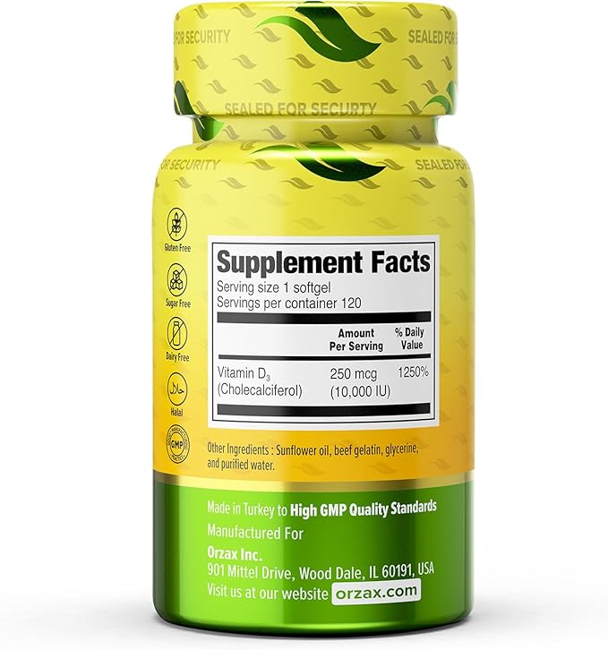 ORZAX Vitamin D3 10000 iu (250 mcg) – Non-GMO, Gluten Free, Sugar Free, Dairy Free – 120-Day Supply for Strong Muscle Function & Immune Support – Mood Supplement for Wellness (120 Softgel)
