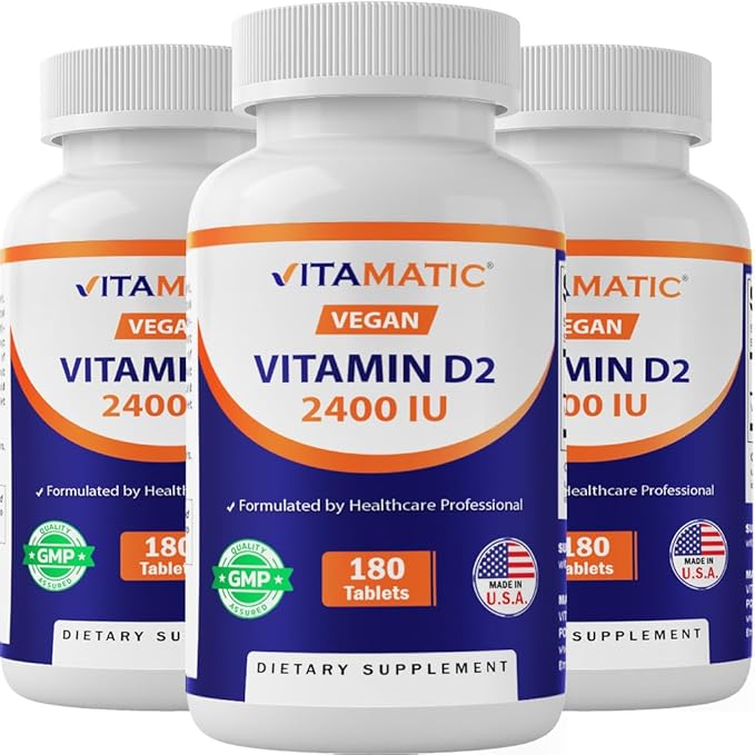 Vitamatic Vitamin D2 60 mcg (2400 IU) - Ergocalciferol - 180 Vegetarian Tablets (180 Tablets (Pack of 1)) (3 Bottles)