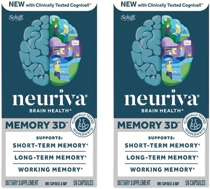 NEURIVA Memory 3D Brain Supplement - Nootropic Capsules for Memory, Focus & Cognitive Function - Short Term, Long Term, & Working Memory Support - 50ct - Pack of 2