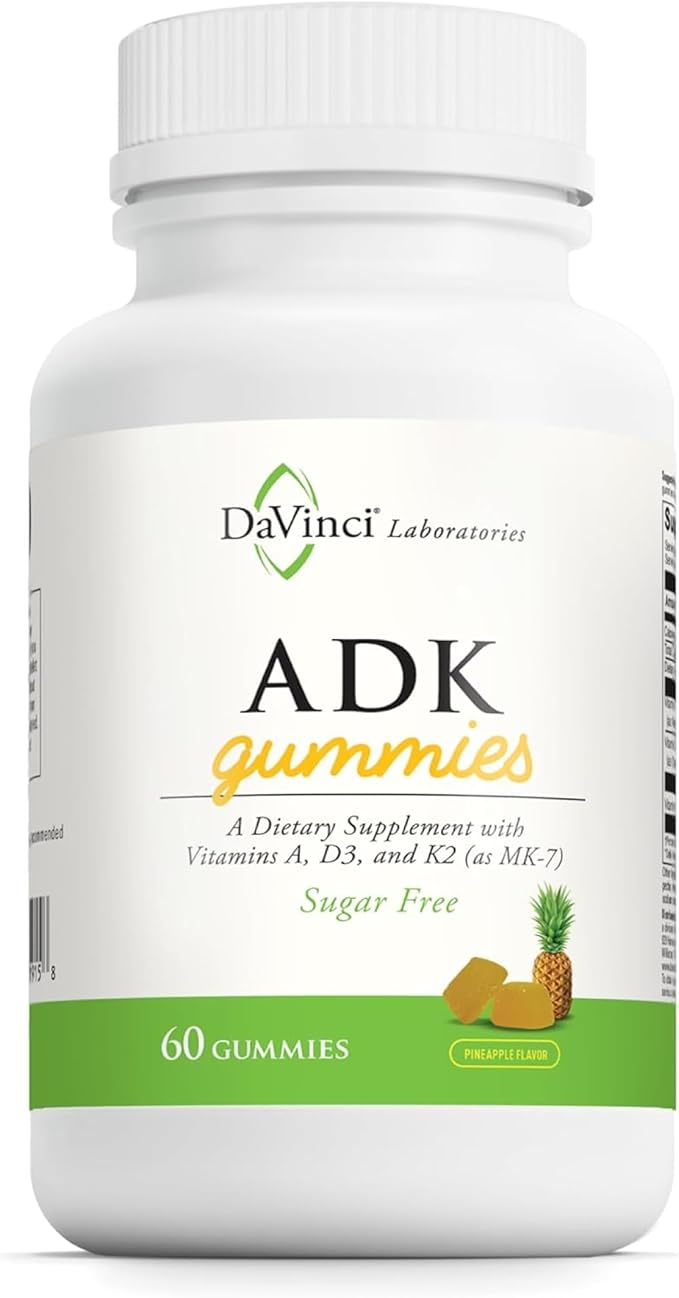 DAVINCI Labs ADK Gummies - Helps Support Bone Health & Immune Response* - Multivitamin Gummy with Vitamins A, D3 & MK-7 - Vegetarian, Gluten Free, Soy Free - Pineapple Flavor - 60 Gummies